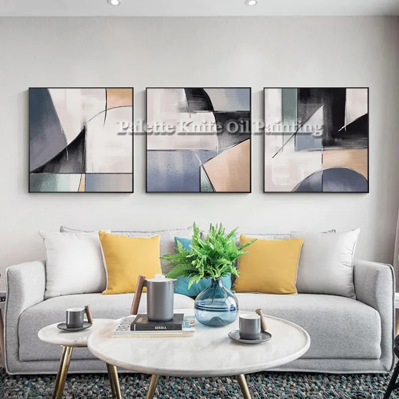 3 pieces Geometric Splicing Abstract Artistic Works Oil Painting on Canvas Wall Decor Quadros Cuadros for Room Decoration