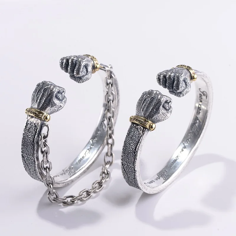 

CMAJOR 990 Thai Silver Men's Double Fist Skeleton Open Bangle Vintage Chain Bracelet Handmade Sterling Silver Jewelry Wholesale