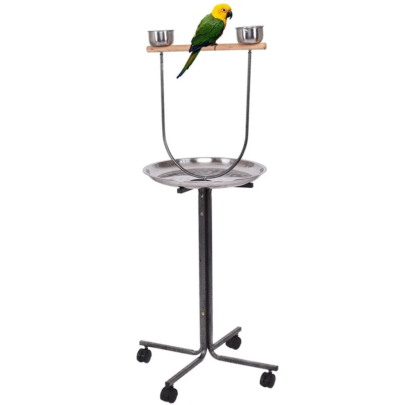 

51" Bird Parrot Comfortable Wooden Play Stand Perch with Pan Feeding Cups 2 Stainless Steel Bowls 4 Industrial Casters PS7060