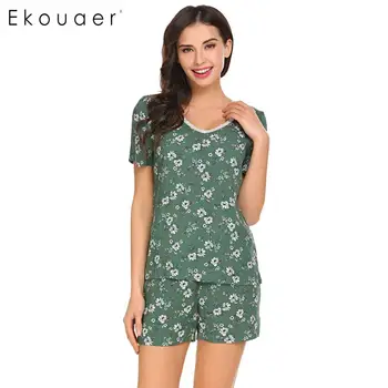 

Ekouaer Pajamas Set Lounge Sleepwear Women Floral Print Short Sleeve T-Shirt and Shorts Pajama Sets Home Clothing Nightwear Suit