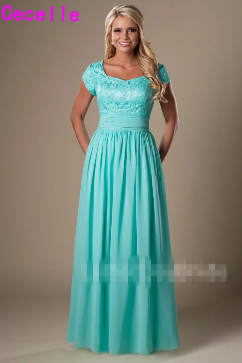 Mint Long Modest Bridesmaid Dresses With Sleeves A line Floor Length Lace Chiffon Women Formal