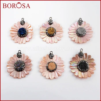 

BOROSA 5/10PCS Pink Shell Small Daisy Charm with Rainbow Druzy for Drop Earrings, Rhinestone Pave Gems Pendant Jewelry JAB920