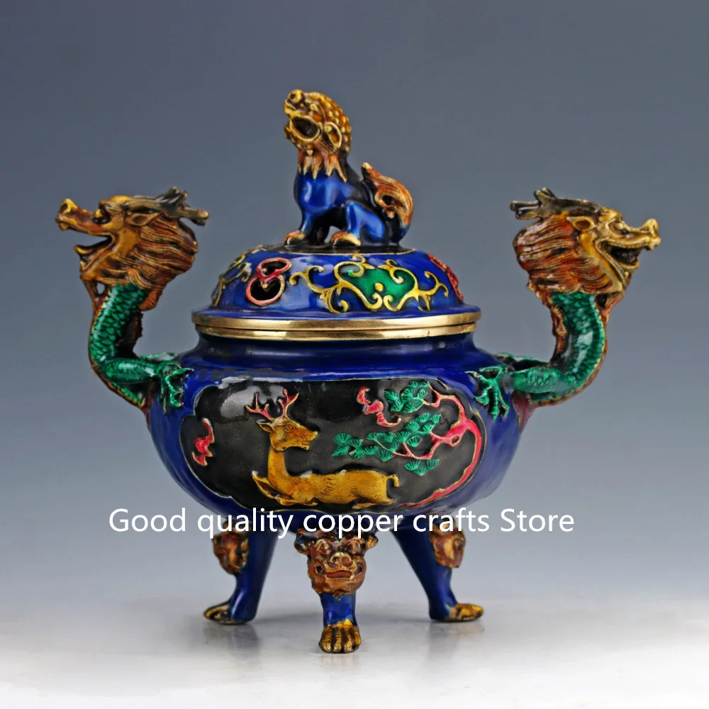 Cina Collezione Di Lavoro Manuale In Ottone Cloisonne Double Dragon Kirin Bruciatore Di Incenso