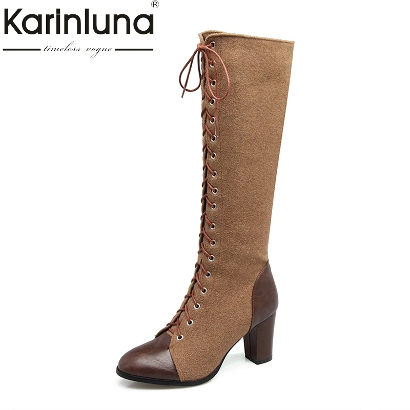 

KARINLUNA Large Size 33-48 Fashion Knee High Boots Sexy Square High Heels Shoelace Warm Fur Plush Winter Boots Women Shoes Woman