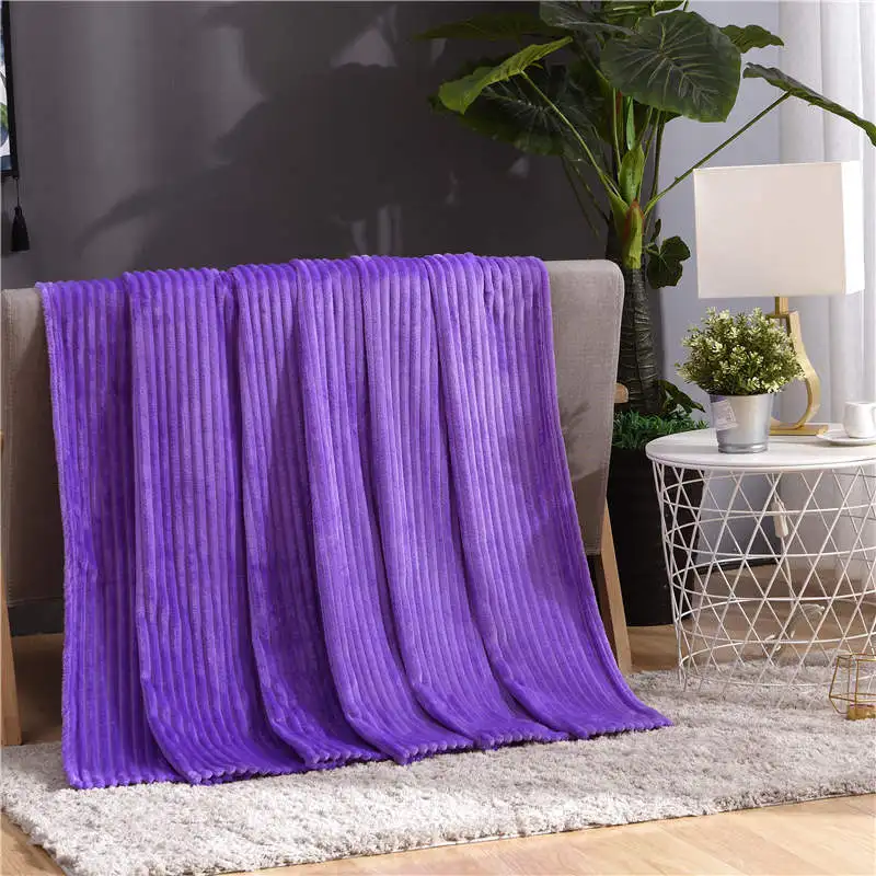 Beddowell Soft Fluffy Striped Flannel Blankets For Beds Solid Coral Fleece Throw Winter Bed Linen Sofa Cover Bedspread Blankets - Цвет: Purple