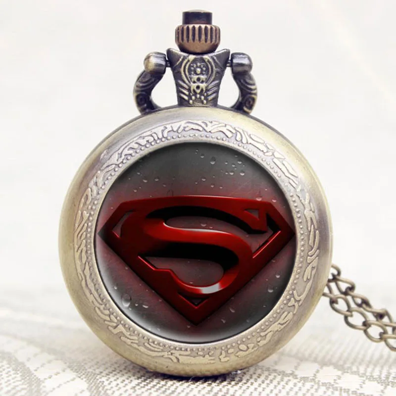 Старый античный Супермен дизайн высокое качество бронза кварцевые карманные часы с цепочки и ожерелья Цепь для подарка