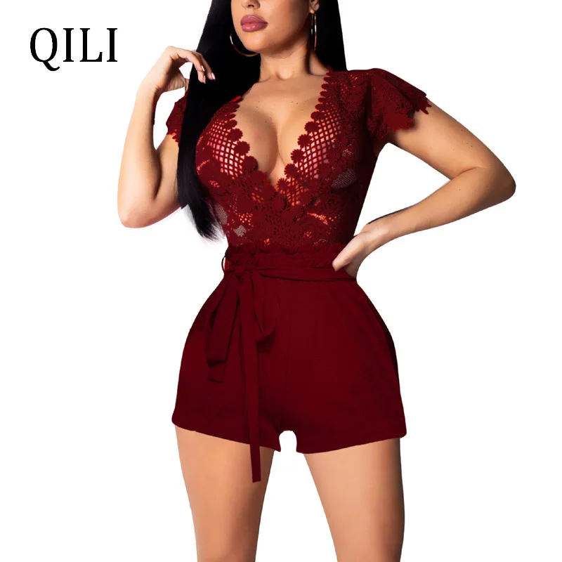 

QILI Women Lace Patchwork Rompers Black Blue Burgundy Short Sleeve V Neck With Belted Jumpsuits Womens Sexy Playsuists s-xxl