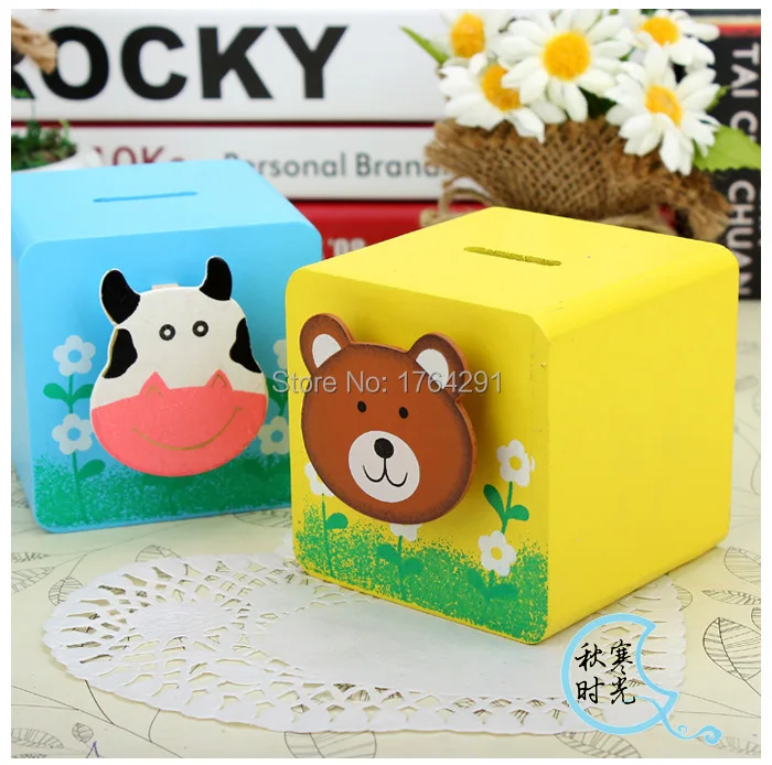 Cute Cartoon Animal Wooden Money Box, 1 pcs Yellow Blue Donation Box