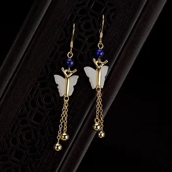 

925 Silver Gold Plated Butterfly Earrings For Women Natural Jade With Long Tassels For Women Christmas Jewelry Bijoux