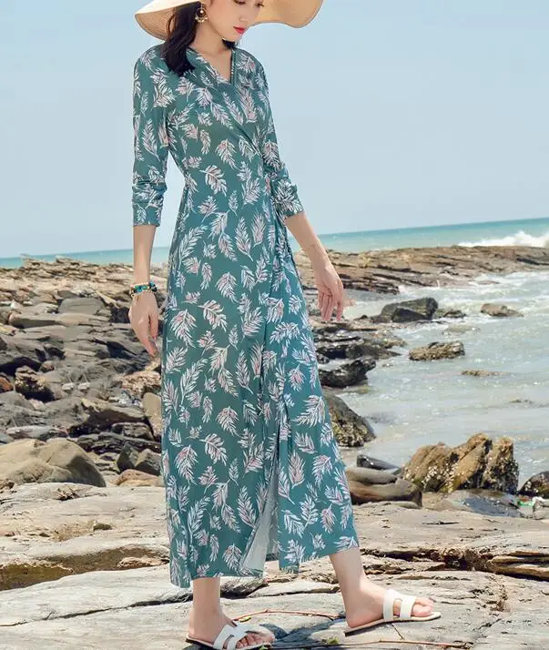 

2019 Summer New Arrival Fashion V Collar Three-quarter Sleeve Graceful Flower Printed Woman Long Jag Dress