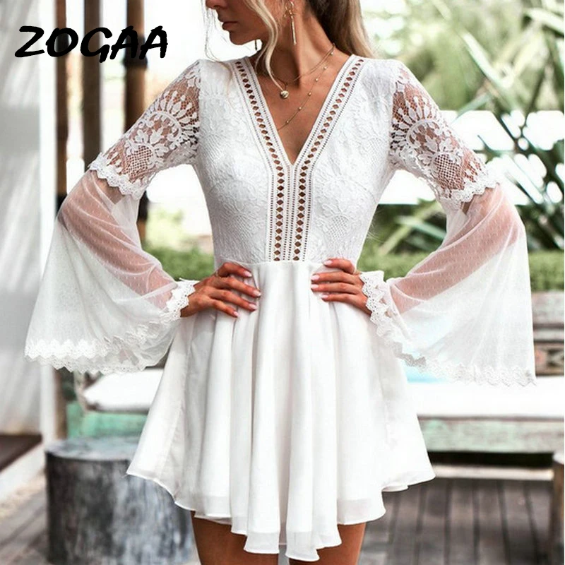 

ZOGAA Hollow Out White Dress Sexy Women Mini Chiffon Backless Dress V-Neck Long Flare Sleeve Crochet Lace Summer Beach Vestidos