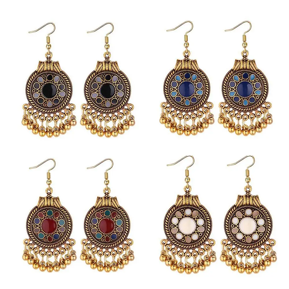 

Women Ethnic Tassel Disc Flower Bead Pendant Long Dangle Hook Earring Jewelry 2018
