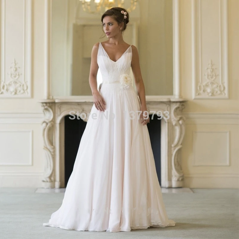 Moda Bridals Abiti Da Cerimonia Da Donna Abiti Da Sposa Da Spiaggia In Chiffon Lungo Bianco Slik 2016 Scollo A V Senza Maniche Vestido De Noiva