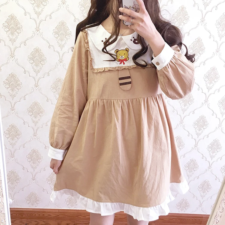 

Japanese sweet lolita dress falbala bear embroidery peter pan collar loose victorian dress kawaii girl gothic lolita op loli