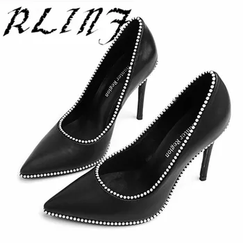 

RLINF 2018 New Black Pointed Pearl Shallow High Heel Shoes
