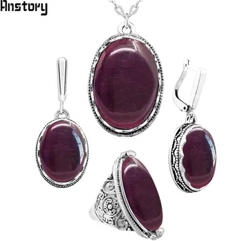

Oval Transparent Purple Opal Jewelry Set Necklace Earrings Ring Antique Silver Plated Stainless Steel Chain Fashion Jewelry