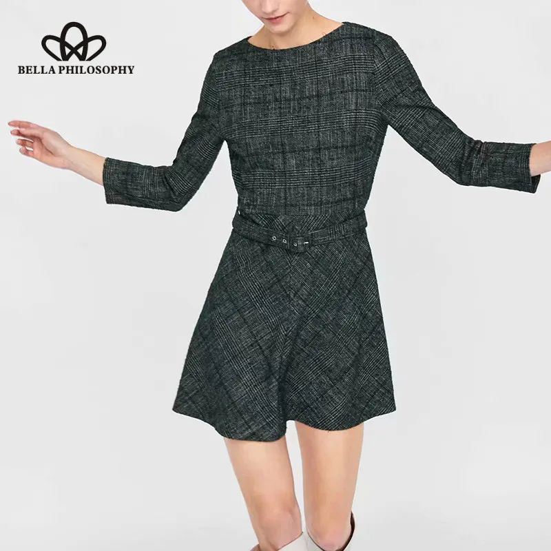 Wonder 2018 new autumn Street Long Sleeve Mini Dress O-Neck Belt Vintage Female Plaid Dress Casual Retro Sashes A-Line Dress