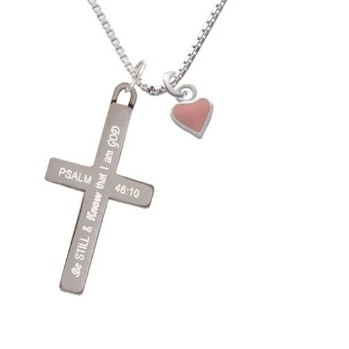 Mini Two Sided Pink Heart - Be Still and Know - Cross Necklace (1)