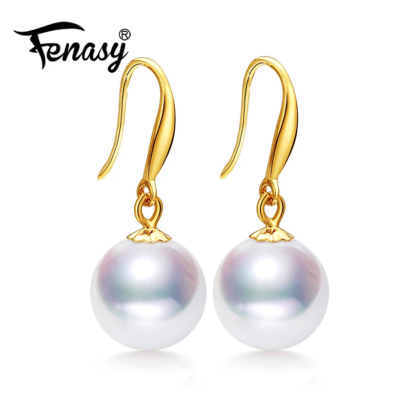 

FENASY 18K Gold Earrings Pearl Jewelry Round Pearl 18k Yellow Gold Stud Earrings For Women Gift Box Long Earrings For Love