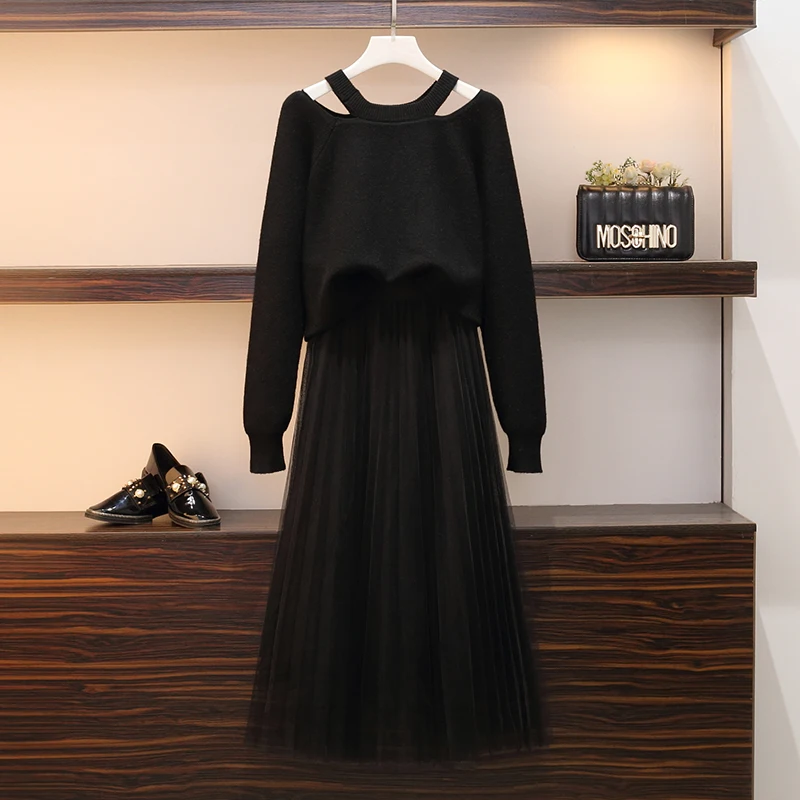 

Women Dress 2019 Spring Autumn Korean Black Dress Two-piece Set Dresses Plus Size Mesh Dress Elegant Sweater Clothes MY2188