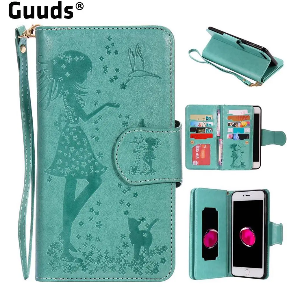 Embossing Cat Girl 9 Card Leather Wallet Case for iPhone 8 Plus / 7 Plus 7P(5.5 inch) - Green