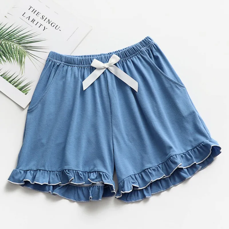 Cozy Cotton Ladies Pajamas Home Pants Summer Solid Color Simple Women Sleep Bottoms Drawstring Ruffle Shorts Sexy Lingerie