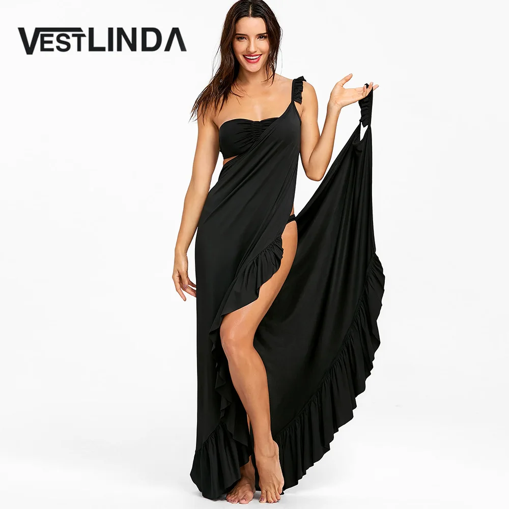 Женское пляжное платье VESTLINDA длинное с воланом на тонких бретельках 2018|Платья| |