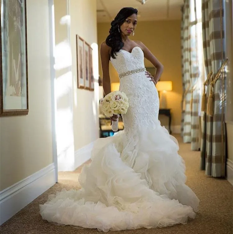 

Boho Vestido De Noiva Muslim Wedding Dresses Mermaid Sweetheart Ruffles Lace Sash Dubai Arabic Wedding Gown Bridal