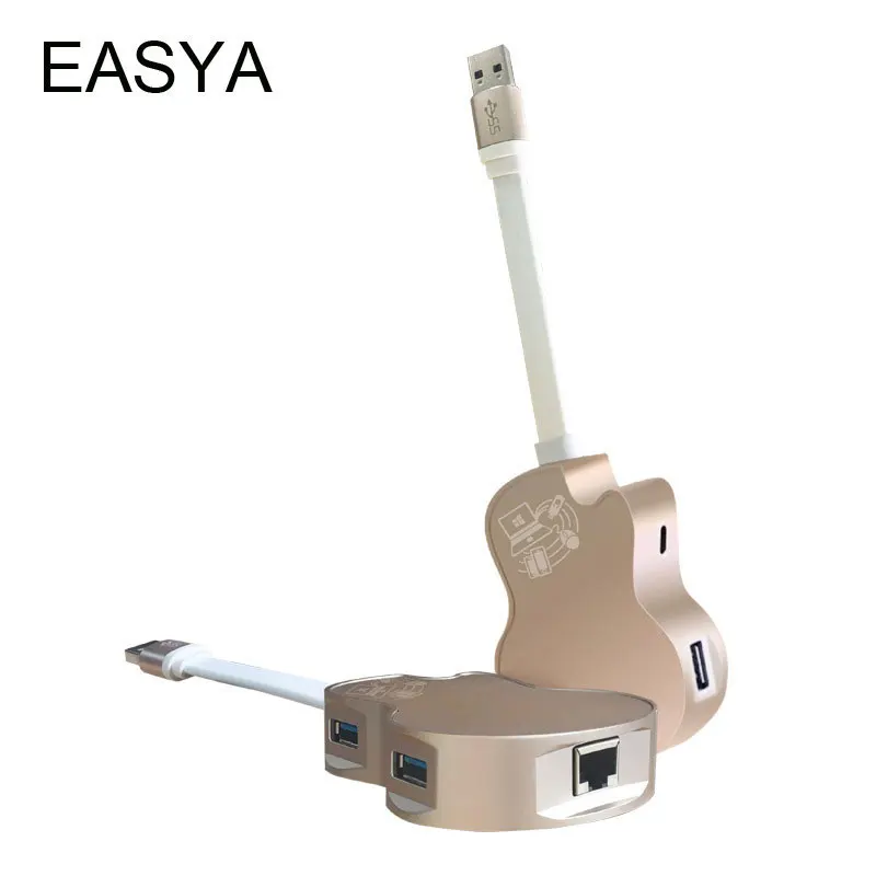 

EASYA USB Hub 3.0 to Rj45 Gigabit Ethernet 1000Mbps Adapter USB Splitter with Micro USB Port Fashion Guitar Design for Laptop PC