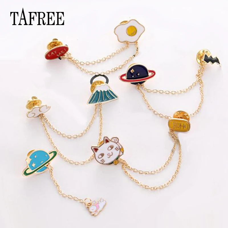 

TAFREE Colorful Enamel Chain Brooches Mt Fuji, Star, Fried , Fortune Cat Lapel Pins Chain Accessories