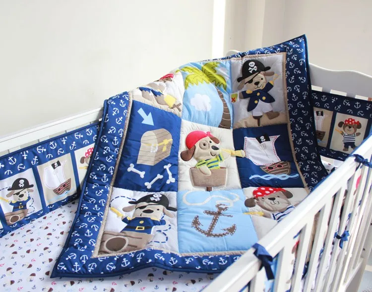 Детская кроватка для новорожденных, комплект из 7 предметов для мальчиков, хлопок, качественные детские кроватки с реактивной вышивкой, дизайн пирата