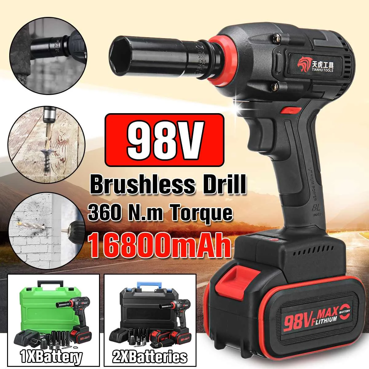 

Brushless Electric Wrench Impact Socket Wrench 98V 16800mAh Li Battery Hand Drill Installation Power Tools