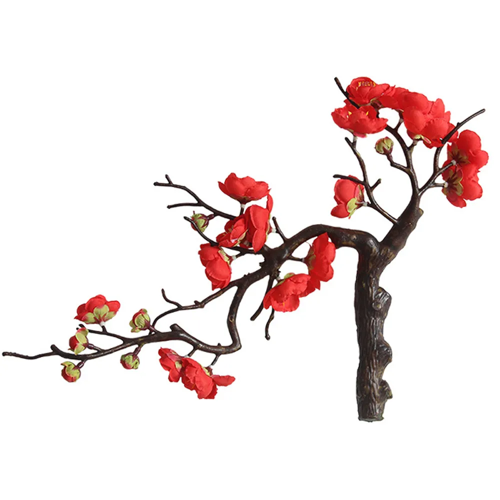 Цветы сливы из искусственного шелка ветви цветы вишня цветение дерево в горшках Свадебные дома балкон украшение для подоконника - Цвет: Red