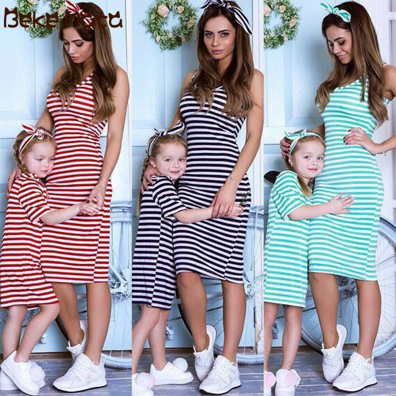 Mother Daughter Dresses Summer Mommy And Me Clothes Striped Short ...