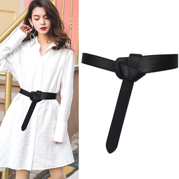 

Black belt female knotted decoration skirt simple wild casual dress waistband long wide belts red PU leather strap jean student