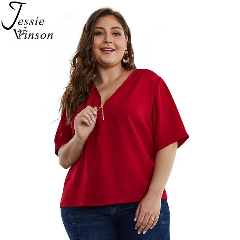 

Jessie Vinson Half Sleeve V-neck Wine Red Chiffon Blouse Plus Size Women Casual Loose Solid Tops and Blouses Summer Ladies Shirt