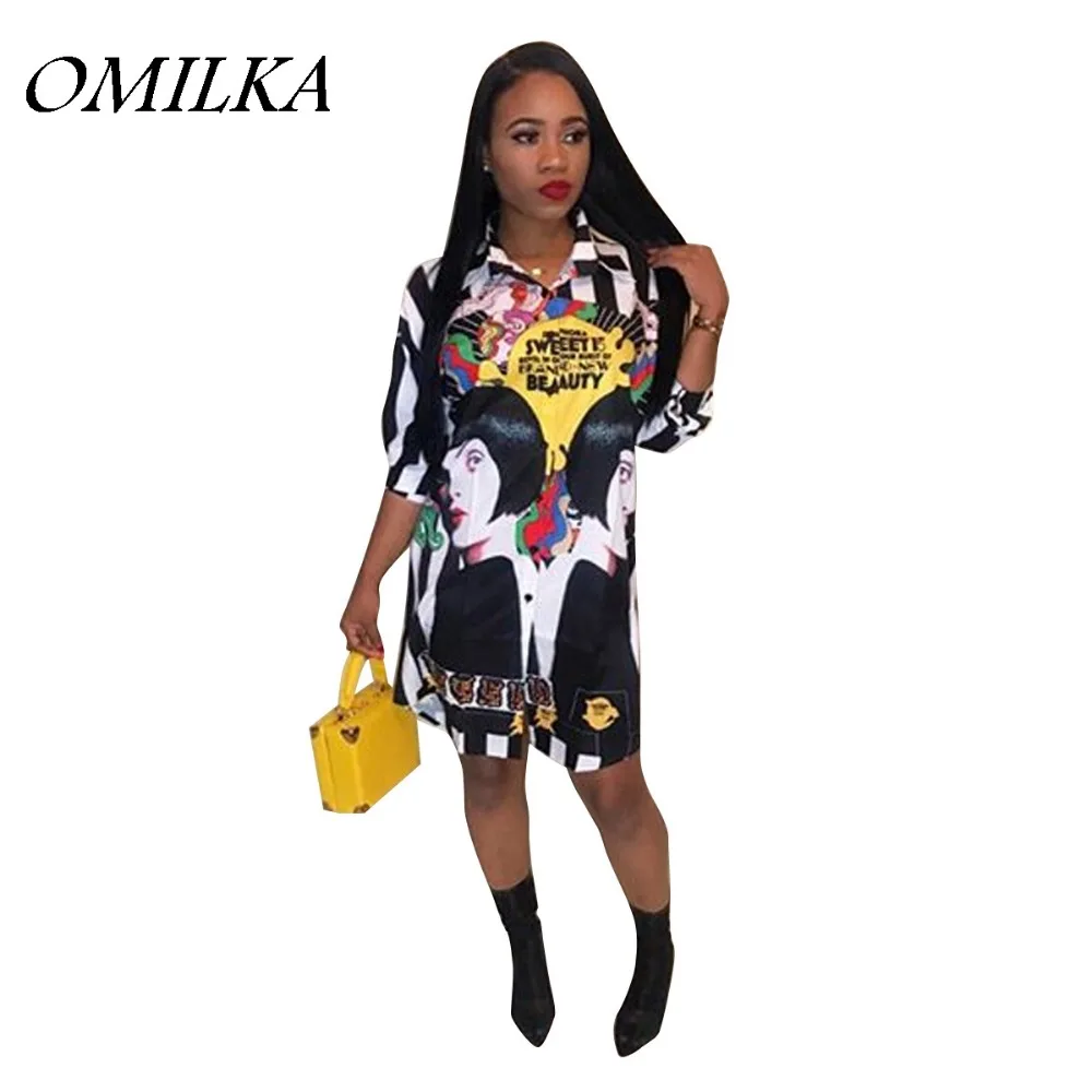 

OMILKA 2019 Summer Women Long Sleeve Turn Down Collar Cartoon Printed Shirt Dress Casual Irregular Hip Hop Mini Streetwear Dress