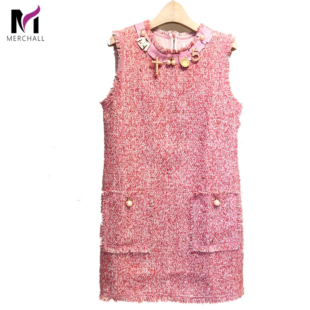 

Runway Designer Women Sweet Sleeveless Diamonds Beading Pearl Pocket Tassels Dress 2019 Winter Lady Tweed Wool Tank Mini Dress