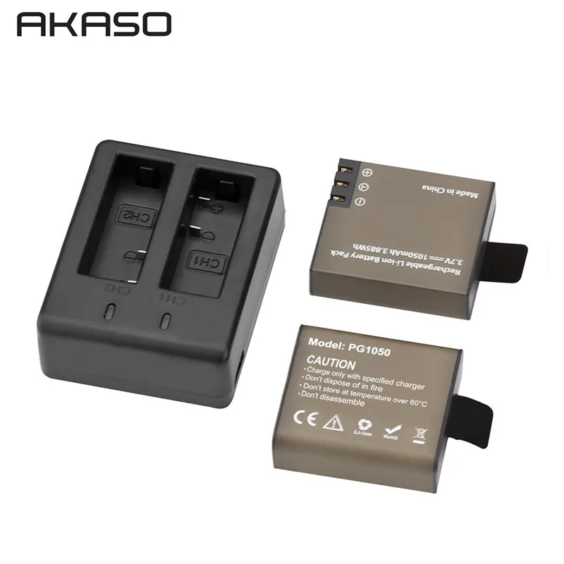 2 шт. 1050 мАч USB Dual Зарядное устройство батарея для AKASO EK7000 EK5000 SJCAM SJ4000 sj5000 SJ6000 sj7000 SJ8000