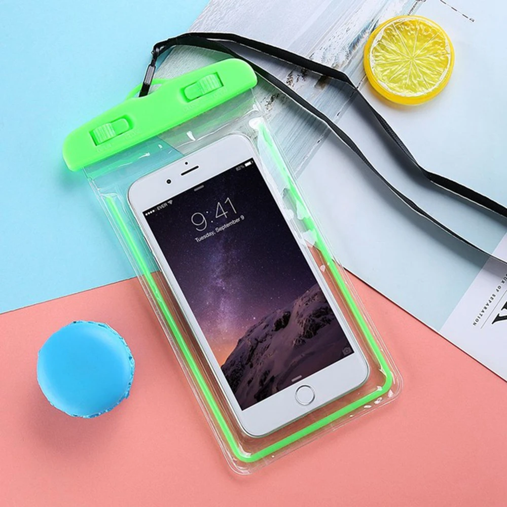 For iPhone 7 8 X Phone Bags Cases Luminous Waterproof Bag For xiaomi Mi A2 Outdoor Swimming Diving Waterproof Smartphone Case - Цвет: Green