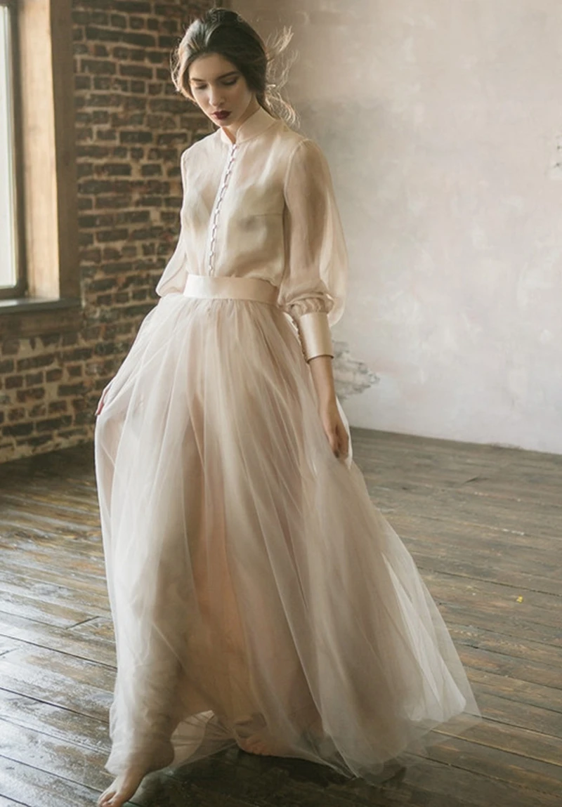 Vestidos de noiva свадебное платье одежда с длинным рукавом трапециевидной формы из тюля кремового цвета, приталенное платье принцессы, невесты Двойка свадебное платье