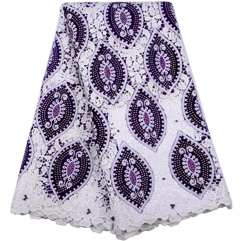 

New Arrived White+Purple Nigerian Lace Fabrics African Cord Lace Fabrics High Quality Water Soluble Milk Silk Lace Fabrics Y1526