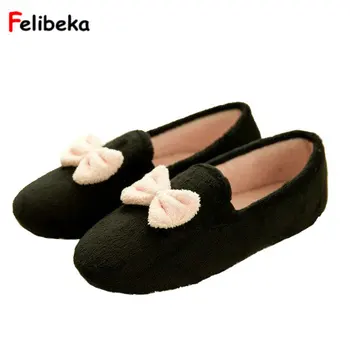 

Drop shipping winter warm plush shoes bow indoor shoes soundproof floor women slippers pink/black