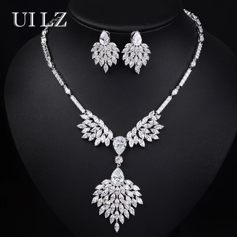 

UILZ 4 Color Fashion Cluster Marquise Cubic Zircon Wedding Jewelry Sets Classic Bridal Necklace Earring Sets For Women JMSP163