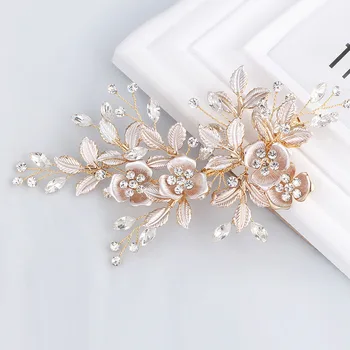 SLBRIDAL 수제 골든 오스트리아 크리스탈 라인스톤 꽃 잎 웨딩 헤어 클립 바레트, 신부 헤드피스 헤어 액세서리