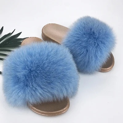 Yu Kube High Quality Plush Furry Real Fur Slippers N Ladies Real Fox Hair Slides Summer Shoes Women Plus Size Flip Flops - Color: A