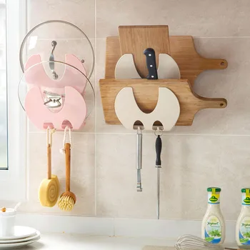 

Wall Mounted Kitchen Organizer Shelf Pot Lid Holder Storage Rack Cutting Board Holder Pan Cover Stand Shlves Drainer with 4Hooks