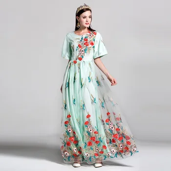 

Fashion New Runway Designer Luxury Maxi Dress Women' Brand High Quality Floral Embroidered Mesh Sturning Long Dress 2019