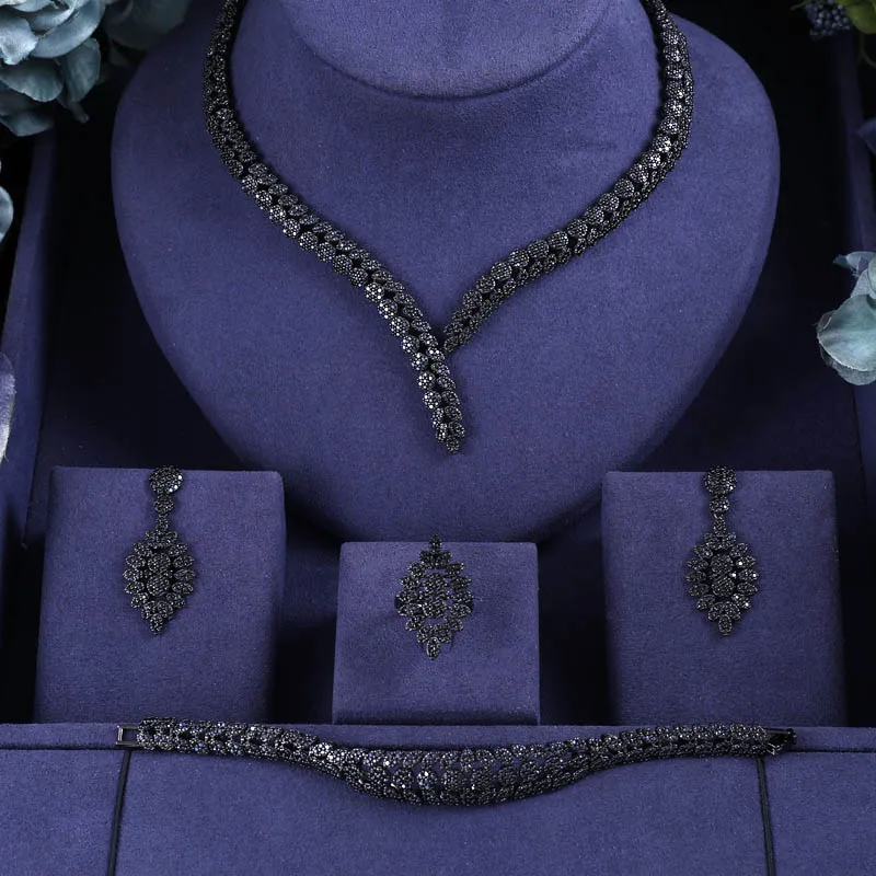 Ожерелье с кубическим цирконием, серьги, браслет, кольцо для женщин, вечерние, 4 шт., черный Дубай, нигерийский кристалл, свадебные ювелирные наборы