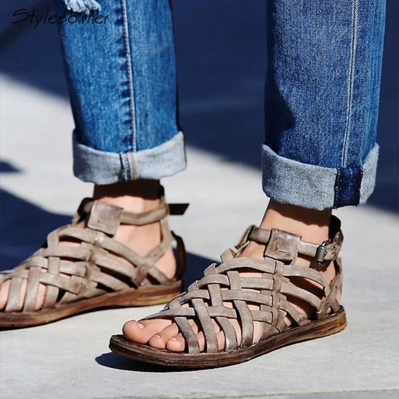 Stylesowner Women Retro Ankle Buckle Hollow Out Flat Sandals Summer Genuine Leather Gladiator Sandals Rome Styles Vintage Shoes Stylesowner Women Retro Ankle Buckle Hollow Out Flat Sandals Summer Genuine Leather Gladiator Sandals Rome Styles Vintage Shoes